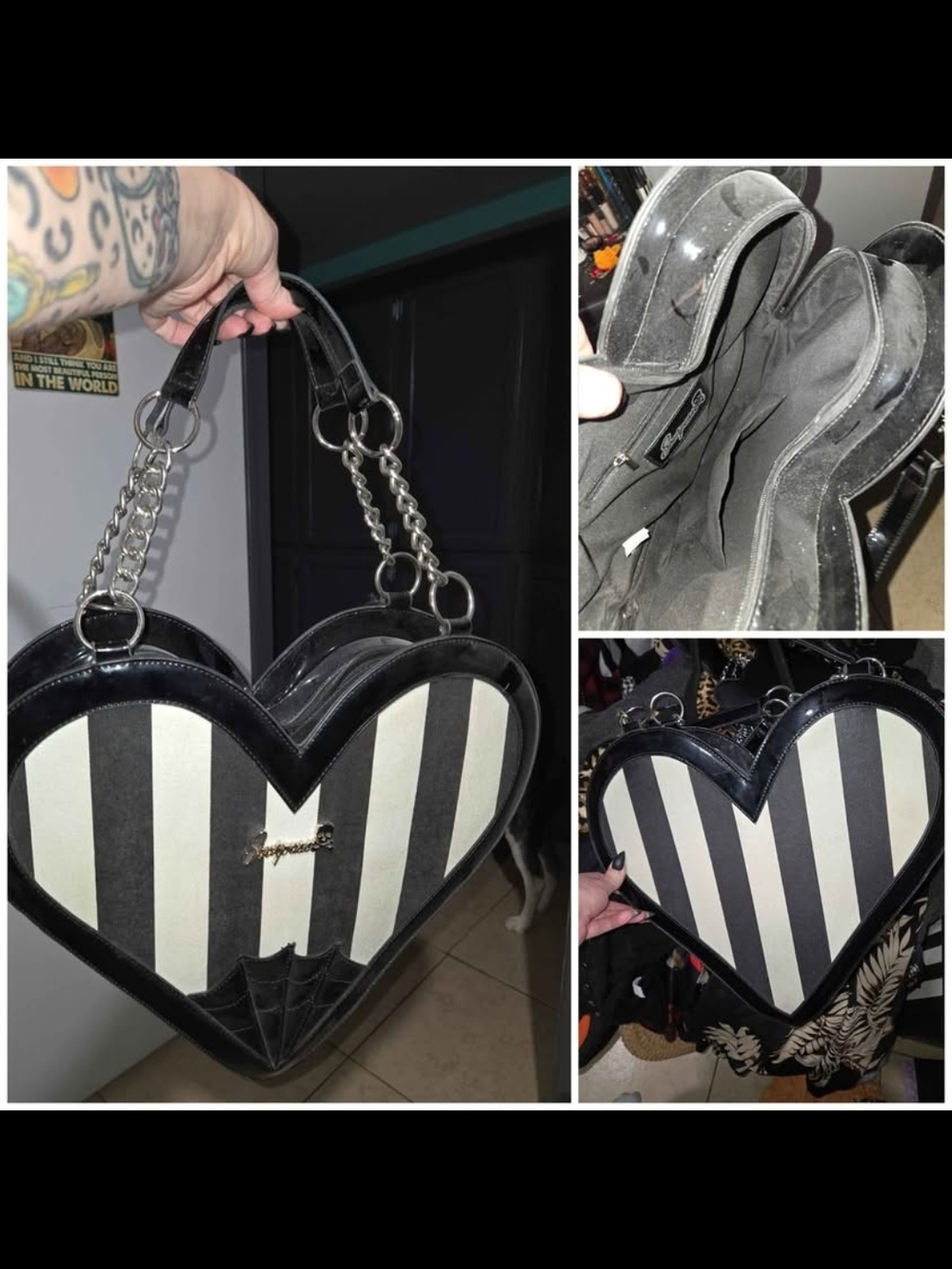 Sourpuss Black & White Striped Heart Shoulder Bag